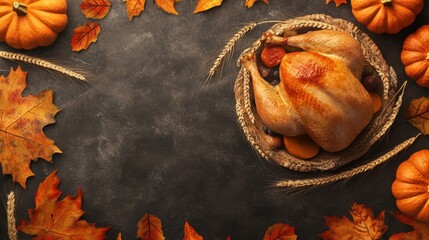 Wall Mural - A turkey in a basket surrounded by fall leaves