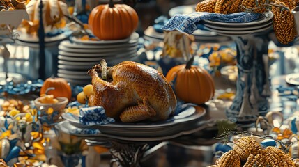 Canvas Print - A turkey sitting on a plate in front of a table full of pumpkins