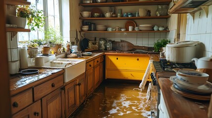 Water damage on wooden cabinets and shelves in a flooded kitchen