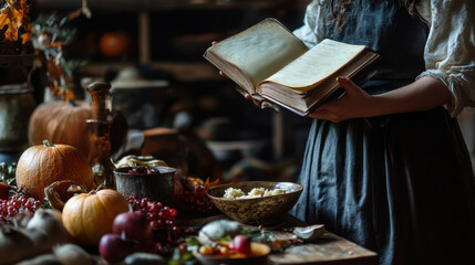 Canvas Print - A woman holding a book in front of a table full of food