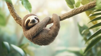 A 3D sloth casually hanging from a branch, with a soft pastel background on the right, symbolizing the laid-back nature of zoo wildlife