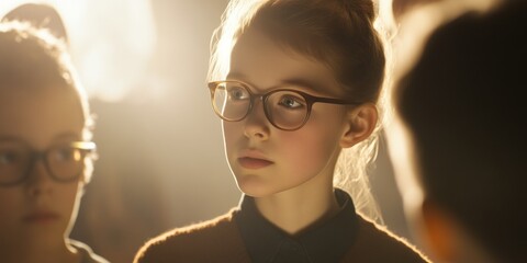 Wall Mural - a thoughtful girl wearing glasses engages in a moment of contemplation. the soft lighting highlights