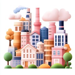 A colorful, stylized urban landscape featuring diverse buildings and trees, perfect for illustrating city life and architecture.