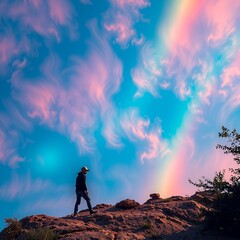 Hiker on top of mountain with rainbow colored sky