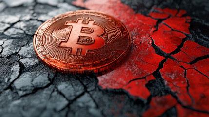 Wall Mural - Bitcoin Cryptocurrency Coin with Cracked Japan Flag on Low Resolution Background