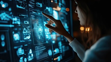 Wall Mural - A woman's hand points to a large screen filled with data and graphs. The photo can be used to illustrate the concepts of big data, technology, and analytics.