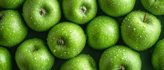 Wall Mural - A close-up view showcases a cluster of fresh green apples glistening with droplets, emphasizing their vibrant color and freshness in a top-down perspective