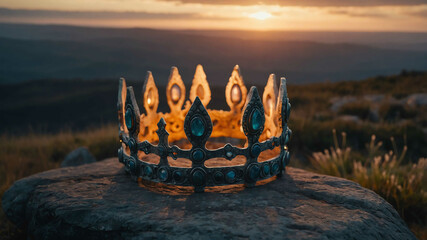 Canvas Print - Ancient enchanted crown glowing softly on a stone altar