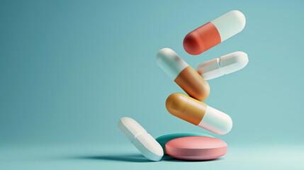 Medical balancing act. A group of medicine pills and antibiotics balancing on top of each other. 3D render.