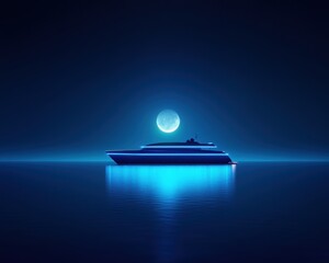 A serene night scene featuring a luxurious yacht illuminated by a glowing blue light under a full moon over calm waters.