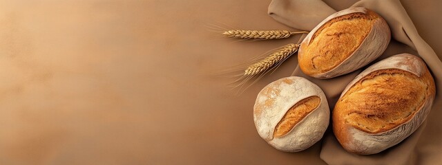 Background with fresh bread and copy space, top view. Bakery products. Fresh pastries