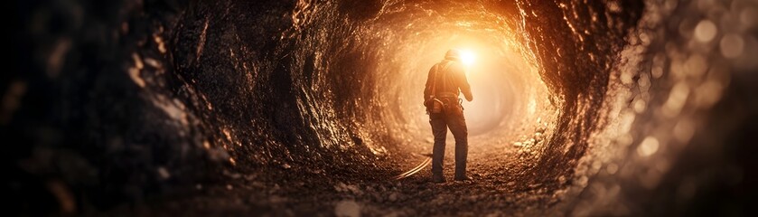 Miners Navigating Narrow Tunnel with Headlamps Illuminating the Rock Walls and Support Beams