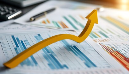 Wall Mural - Dynamic upward arrow representing financial growth atop a backdrop of charts and graphs illustrating business profit analysis and development