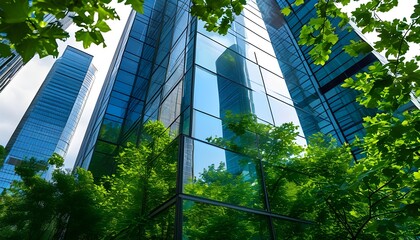 Canvas Print - Urban Oasis: Glass Skyscraper Facade Reflecting Lush Greenery in the Intersection of Development and Nature, Highlighting ESG Principles and Impact Investing