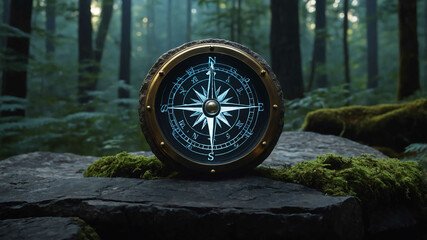 Enchanted compass glowing on a stone ledge with an eerie forest below