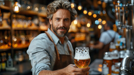 Control quality of craft beer, Expert brewer in apron holds glass and checking color. Worker man sommeliers taste drink on brewery factory.