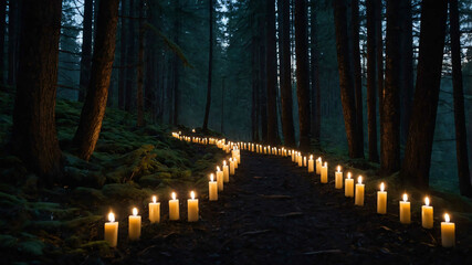 Wall Mural - Floating enchanted candles lighting a dark path through the forest