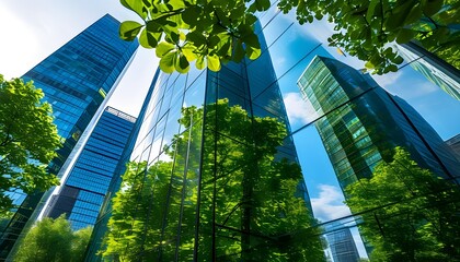 Canvas Print - Urban Oasis: Glass Skyscraper Facade Reflecting Lush Greenery in the Intersection of Development and Nature, Highlighting ESG Principles and Impact Investing