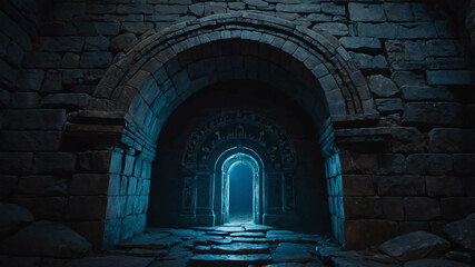 Glowing magical portal in the middle of an ancient stone archway