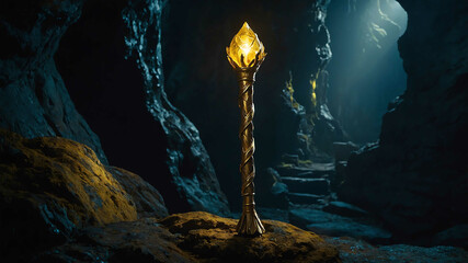 Wall Mural - Golden enchanted staff standing upright in a dark glowing cave