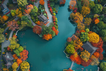 Poster - Red trees by the lake in autumn