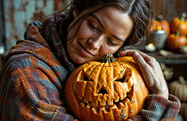 Young woman in a plaid holding a carved pumpkin for halloween.