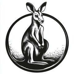 Wall Mural - A black and white illustration of a kangaroo sitting in a circle.