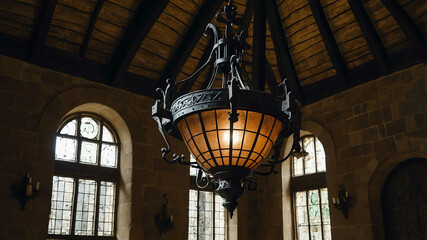 Wall Mural - Medieval iron chandelier hanging from a vaulted ceiling in a stone hall