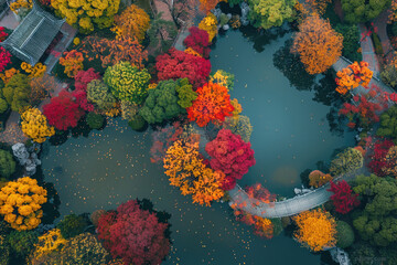 Poster - Red trees by the lake in autumn