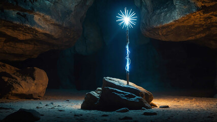 Wall Mural - Mystical glowing staff floating above a stone table in a cave