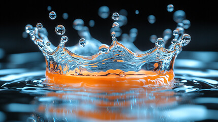 A vibrant water splash creates a captivating crown shape, showcasing beautiful droplets and an orange hue in a serene setting.