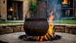 © Arceli - Old iron pot suspended over a fire pit in a rustic courtyard