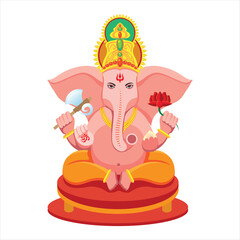 Wall Mural - Lord Ganesha Illustration with Four Arms Holding Axe, Lotus, and Sweets on a Pedestal