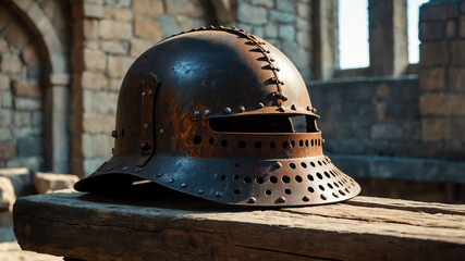 Rusty iron helmet resting on a wooden beam in a stone castle