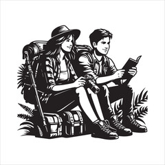 Young tourist couple travellers hiking vector illustration silhouette