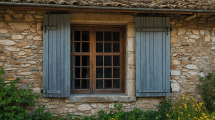 Wooden shutters swinging open on a stone cottage in a quiet village