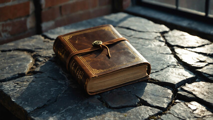 Worn leather bound book resting on a cracked stone windowsill