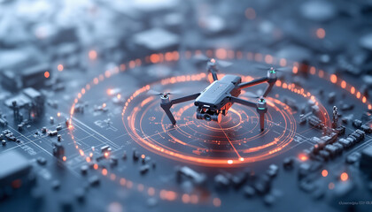 Poster - A drone hovers above futuristic battlefield, surrounded by glowing circular radar display. intricate details of terrain below are highlighted, showcasing advanced technology and strategic positioning