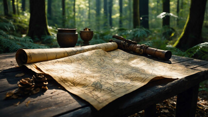 Worn treasure map spread out on a table in a mysterious forest