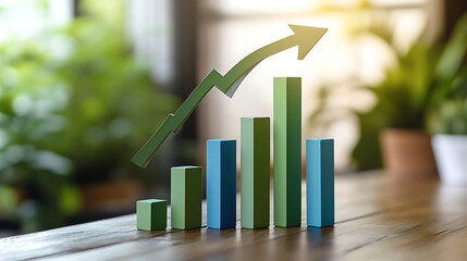 3D bar chart with upward arrow indicating business performance improvement