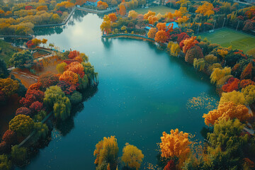 Poster - Red trees by the lake in autumn