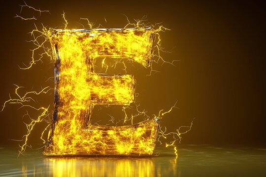 The image is a close up of the letter E, which is made of fire and he is glowing