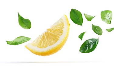 Lemon with slice and green leaf levitate isolated on white background. Generative Ai