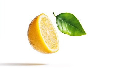 Lemon with slice and green leaf levitate isolated on white background. Generative Ai