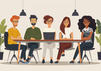 Diverse Team Discussing Business Strategy Around Table in Modern Office Setting, Minimalistic Vector Illustration