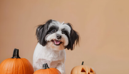 Cute dog with pumpkins and Halloween decorations on beige background