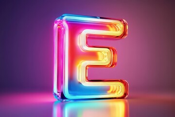 Wall Mural - The letter E is made of neon lights and is glowing in a purple hue