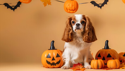 Cute dog with pumpkins and Halloween decorations on beige background