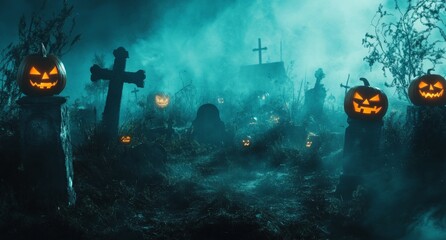 Halloween background with a spooky graveyard and lanterns, a fantasy landscape