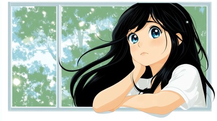 Poster - A captivating anime girl in a white shirt gazes thoughtfully out the window, surrounded by a serene, clean backdrop.